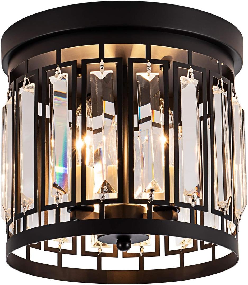Larootsi Elegant Crystal Flush Mount Chandelier Light Fixture with K9 Crystal, 3 Light Modern Close to Ceiling Light for Kitchen Hallway Dining Room Living Room E12 Base Black