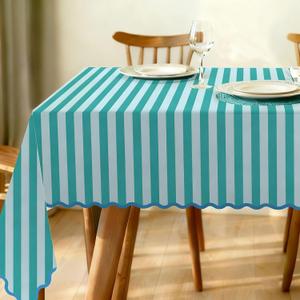 Whaline Scalloped Edge Blue Green Striped Tablecloth Waterproof Fabric Tablecloth Rectangle Table Cover for Home Kitchen Table Decoration, 55 x 70 Inch