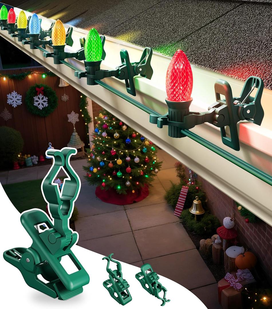C7 C9 Christmas Lights Spring Clips, 25 Count Holiday Lights Quick Spring Clips, Shatterproof Shingle and Gutter Clips for E12, E17Socket, Rope Lights Roofline Fence Railing Mantel Christmas Trees (Green)