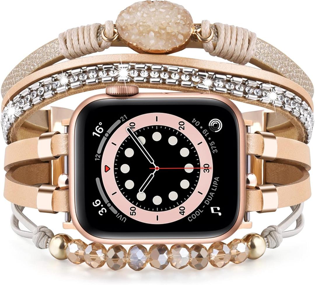 VISOOM Beaded Boho Bracelet Compatible for Apple Watch Band 40mm/38mm/41mm Series 10 9 8 7 SE Series 6/5/4 Women Leather Fashion Cute Handmade Multilayer Wrap Watch Strap for iWatch Bands 3/2/1