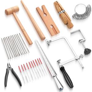 Jewelers Tools Set Including Jeweler Saw Frame Bench Pin Clamp Diamond Needle File Wooden Ring Clamp and Ring Sizer Mandrel Measuring Tool Jeweler's Mallet Hammer Stick for Jewelry Making