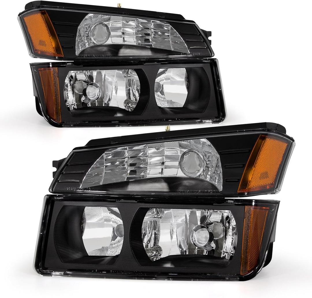 Headlight Assembly Compatible with 2002 2003 2004 2005 2006 Chevy Avalanche 1500 2500 Headlamp Black Housing Amber Reflector Clear Lens Replacement Pair (Fits Body Cladding Models)