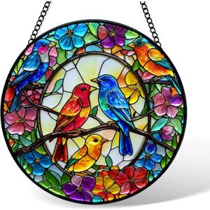 Stained Glass Window Hanging, Birds Sun Catchers Glass Panel, Suncatcher Window Decor 8", Birthday for Women Men Mom and Friend Colleague