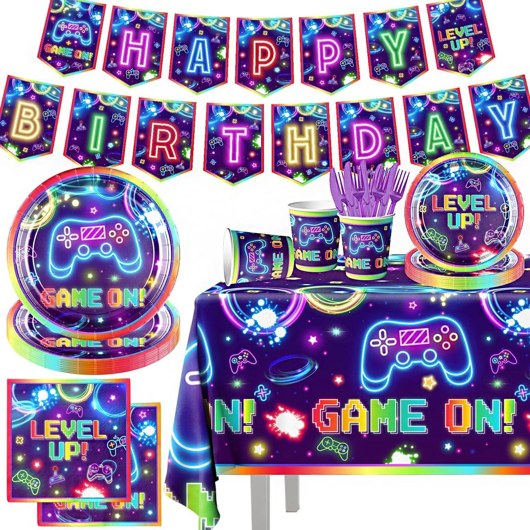 142pcs Video Game Birthday Decorations Gamer Party Tableware Video Game On Themed Plates Napkins Cups Tablecloth Banner for Boys Girls Neon Gaming Party Favors Supplies