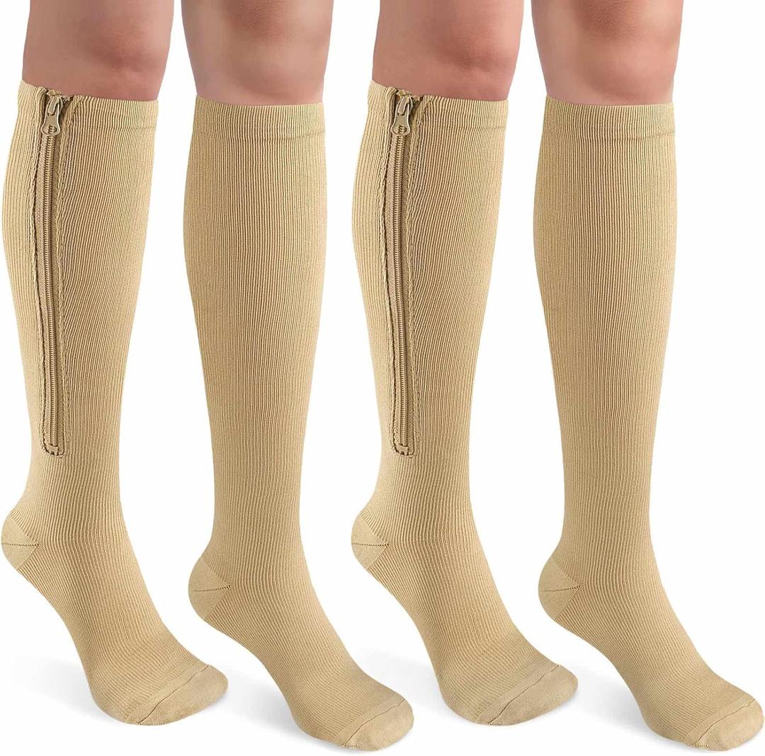 CASMON 2 Pairs Zipper Compression Socks for Women & Men,15-20 mmHg Closed Toe Knee High Support Sock for Varicose Vein Edema (XX-Large, Beige)