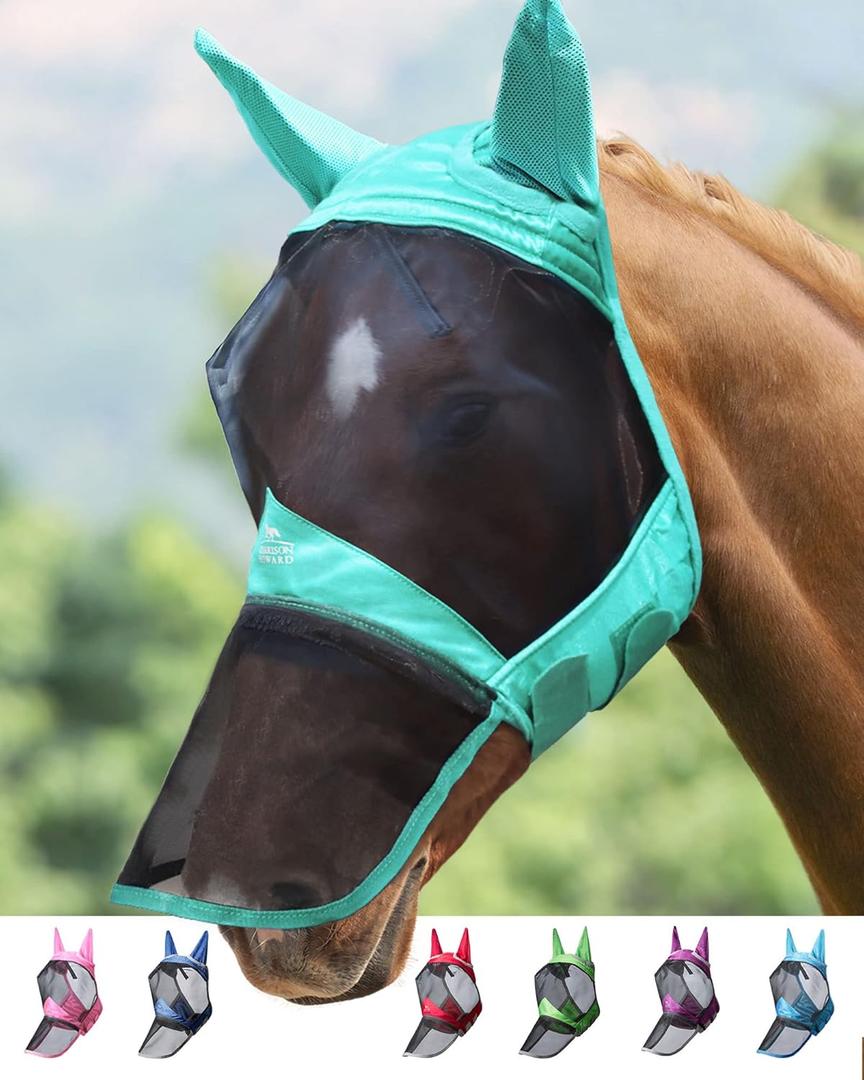 Harrison Howard CareMaster Pro Luminous Horse Fly Mask Large Eye Space Long Nose with Ears UV Protection for Horse Summer Mint Full Size
