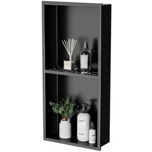 HelloaySen Stainless Steel Shower Niche 24" X 12" Matte Black No Tile Needed Vertical Niche Shower with Two- Tier Shelves Recessed Wall Niches