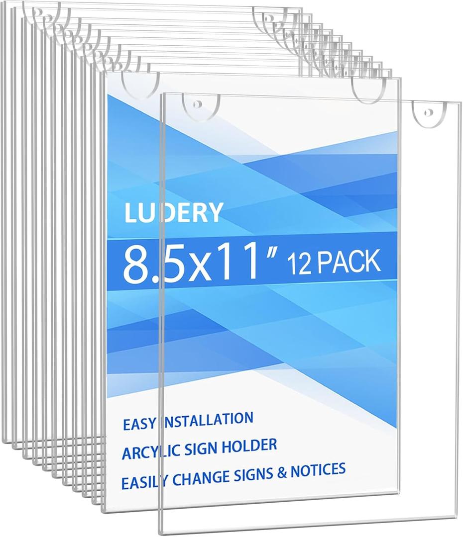 Acrylic Sign Holder 8.5 x 11 Vertical, Wall Mount Document Holder, Clear Plastic Picture Frame with Tape Adhesive and Screws for Office, Home, Store, Restaurant - 12 Pack