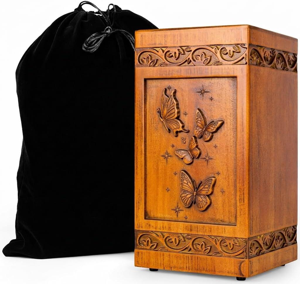 Large Wooden Cremation Urns for Human Ashes, Handcrafted Butterfly Design, Symbolic Floral Art, for Adult Men and Women, with Velvet Bag - 270 Cubic Inches, wooden urn