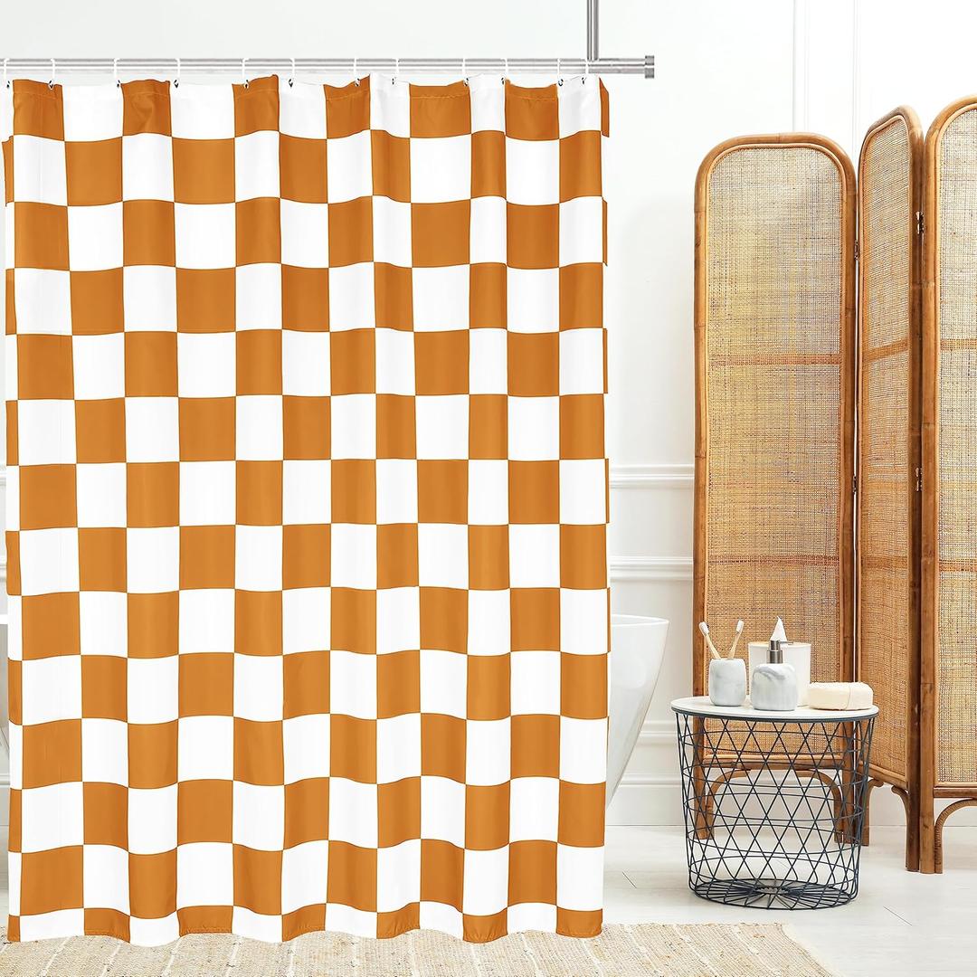 Tititex Aesthetic Checkerboard Grid Pattern Faux Linen Fabric Shower Curtain, White Vibrant Orange Modern Shower Curtain Sets Decoration 71x71 Inch with 12 Hooks