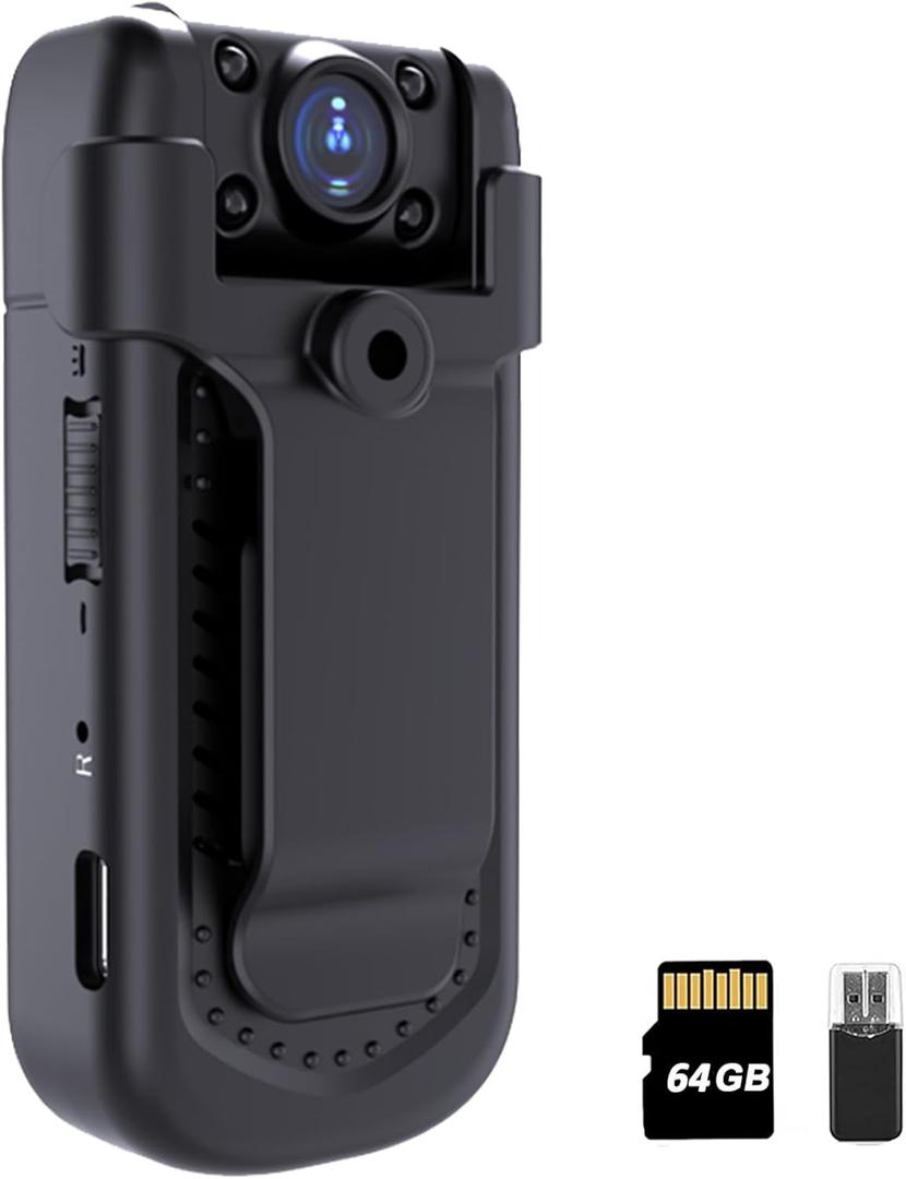 Mini Body Camera 1080P with Audio & Video Recording Small POV Cam with 64G Card - Wearable Personal Portable Cameras Recorder DV - Night Version Camcorder for Security Work Records Guard Traveling