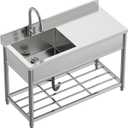 Stainless Steel Utility Sink with Retractable Hot & Cold Faucet, 47.2" Free Standing Single Bowl Sink with Drainboard for Kitchen, Laundry Room, Garage, Farmhouse