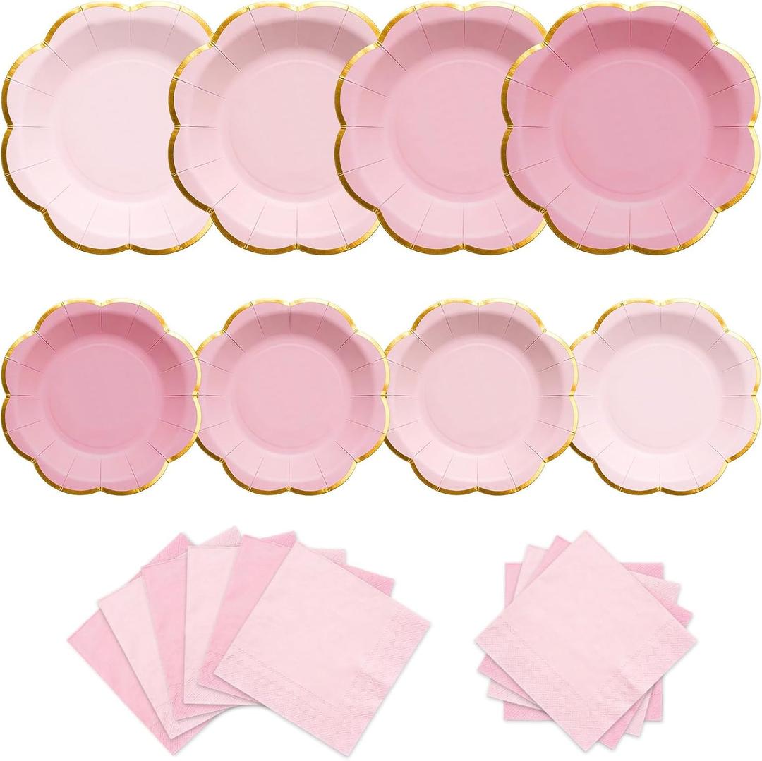 Pink Plates and Napkins Party Supplies for 20 Guests, Pink Scalloped Paper Plates with Gold Rim, Mother's Day Elegant Disposable Tableware Set for Girls Birthday Baby Shower Tea Party, 60 PCS