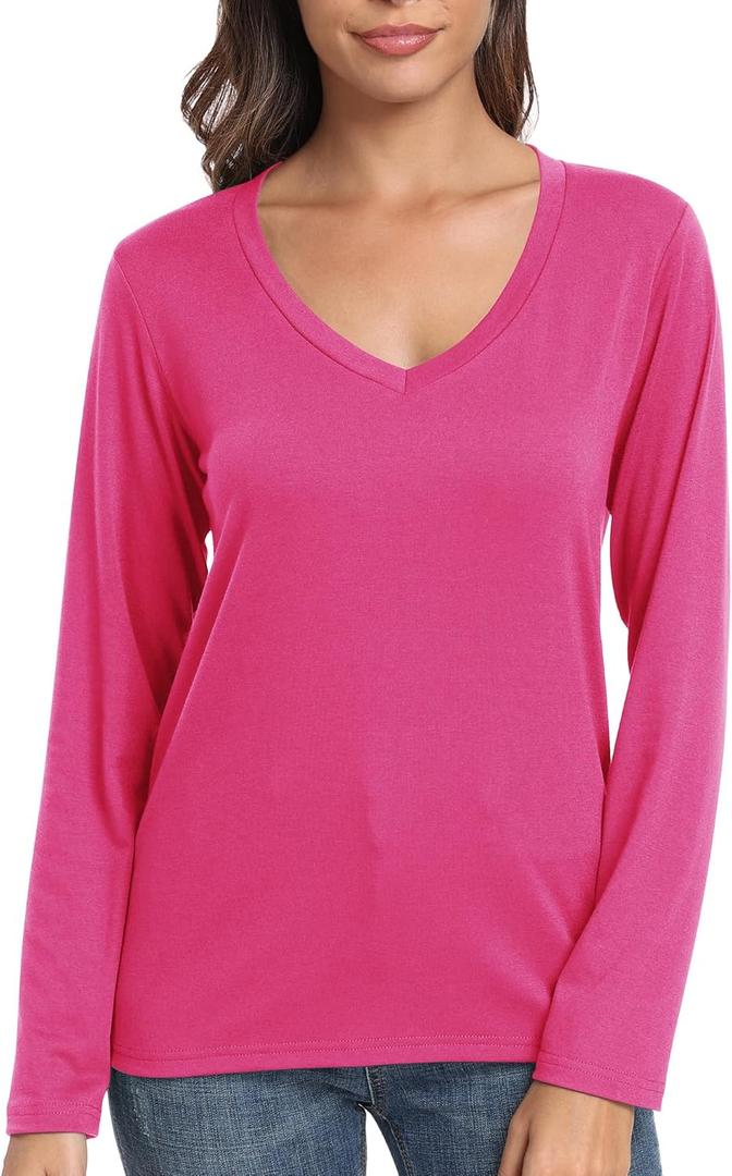 PRIMODA Women's V Neck Long Sleeve Shirts Classic Loose Fit T Shirt Top (Pink, M)