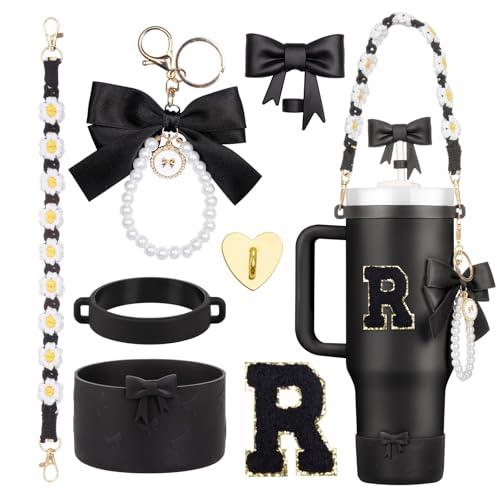 Rabrgab 7Pcs Black Stanley Cup Accessories for 40Oz 30Oz 20Oz, Women Teen Girls Gifts, Stanley Tumbler Cup Decoration with Straw Topper, Bow Charm, Silicone Boot, Handle Strap, Letter Sticker R
