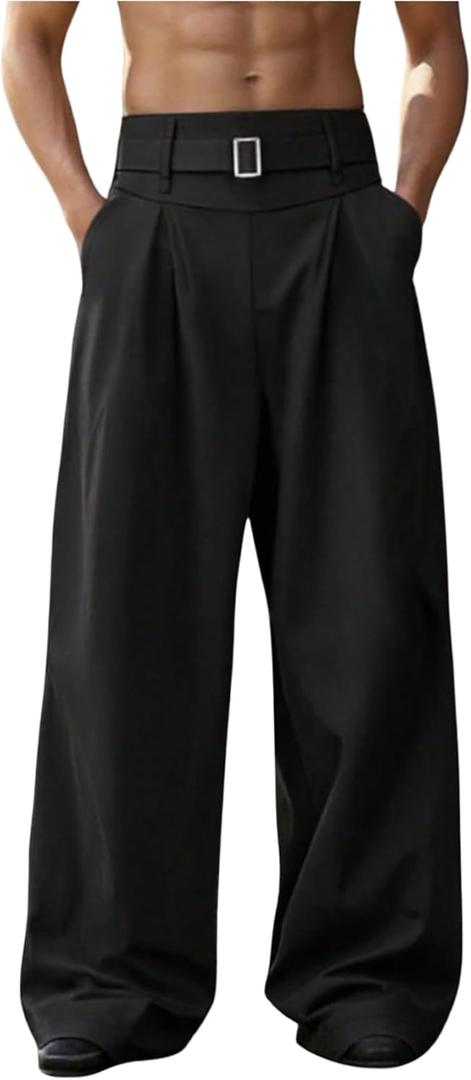 Men's Pleated Baggy Dress Pants Fly Wide Leg Pants Work Office Business Slacks Belted Trousers with Pocket (Black) S