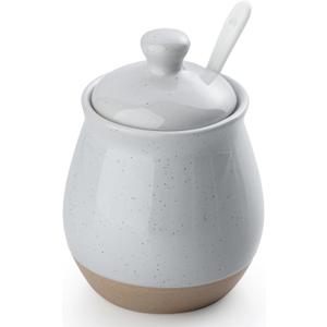 famiware Milkyway Sugar Bowl with Lid and Spoon, 10oz Ceramic Sugar Jar/Pot/Dispenser for Salt, Condiments, Spice, Seasonings, Sugar Container for Coffee Bar, Home, Kitchen, and Countertop, Light Gray