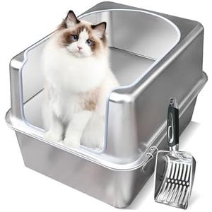 Aothey Stainless Steel Litter Box with Metal Lid and Scoop - Enclosed Metal Litter Box for Large Cats, Rust-Resistant, Odor-Control, Easy to Clean, Durable & Long-Lasting with Round Edge (L)