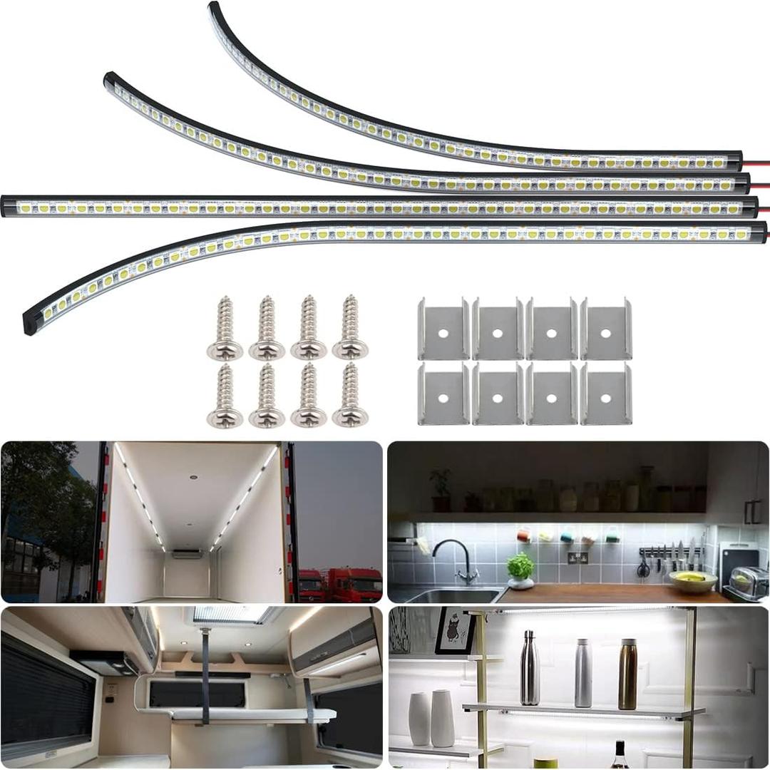 12V LED Light Strip 7000K White, 12V Interior LED Light Bar Slim Enclosed Trailer Interior DIY Cabinet 12 Volt LED Lighting Strip for Car,Trailer,Motorhome,Van,RV,Truck Bed,Cargo,Boat(4 Pack)