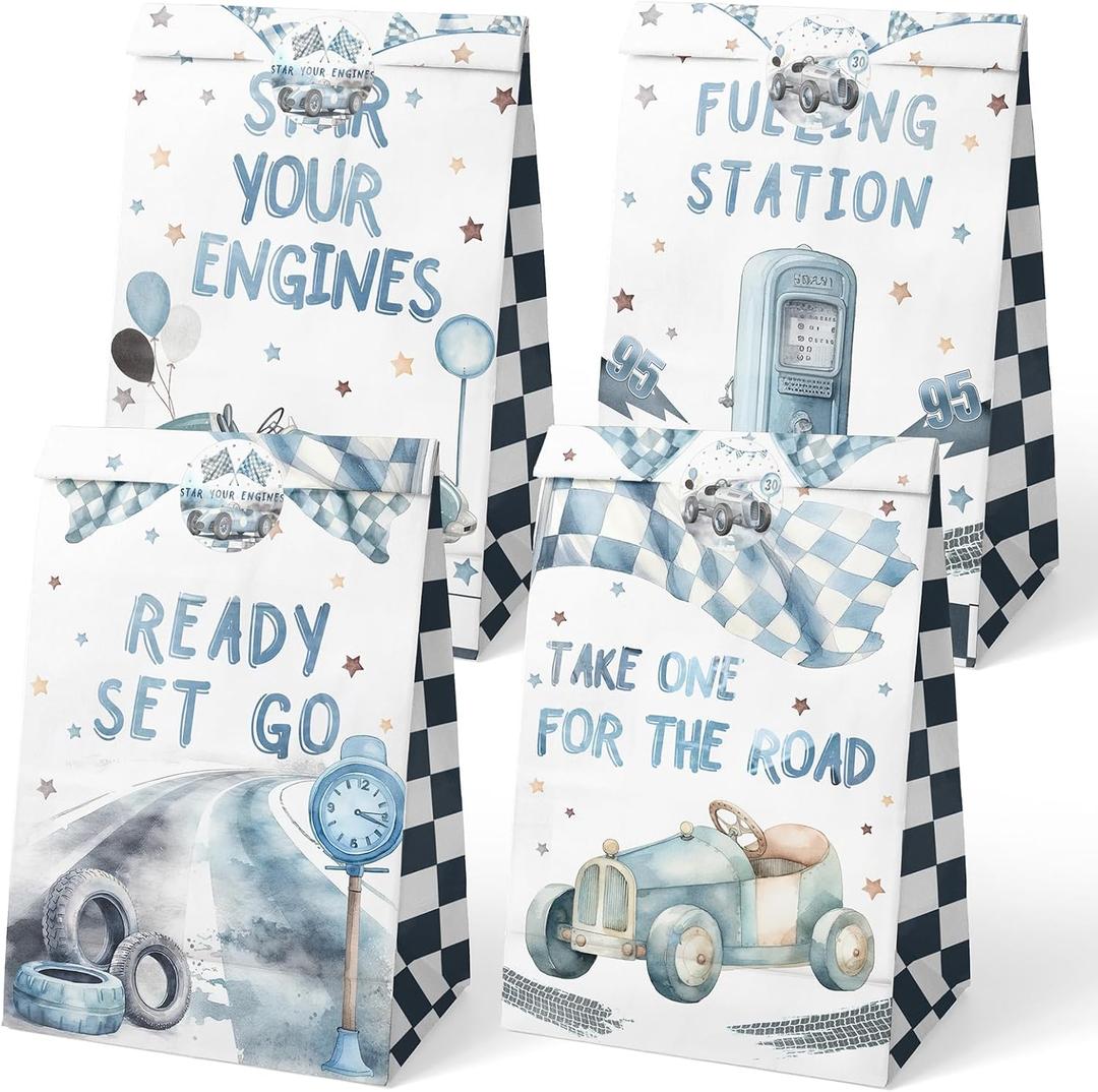 Race Car Party Favor Bags - 24 Pcs with Stickers - Watercolor Race Car Themed Birthday Party Supplies
