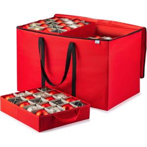 ZOBER Christmas Ornament Storage Box - Stores 200 3" Ornaments with Individual Trays - Tear Proof 600D Oxford Fabric - ornament organizer storage box (Red, 200-3" Ornaments)