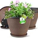 4 Pack 10 inch Plant Pot for Outdoor Indoor, Plastic Flower Pots with Drainage Holes & Saucers, Lightweight Large Outdoor Planter Pot, Imitation Knit Pots for Garden House Planters (Black Copper)