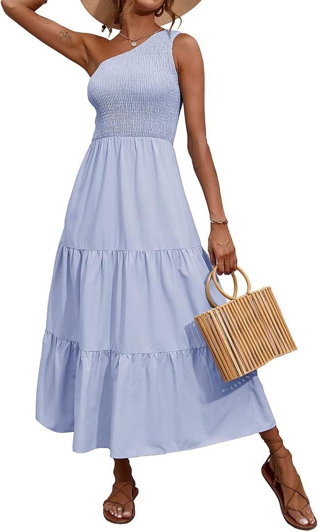 BTFBM Summer Dresses 2026 Spring One Shoulder Floral Flowy Sundresses for Women Sleeveless Smocked Boho Beach Maxi Dress (Blue, L)