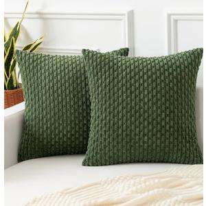 Kevin Textile Spring Throw Pillow Covers Soft Corduroy Decorative Set of 2 Boho Striped Pillow Covers Pillowcases Farmhouse Home Decor for Couch Bed Sofa Living Room 18x18 Inch Moss Green