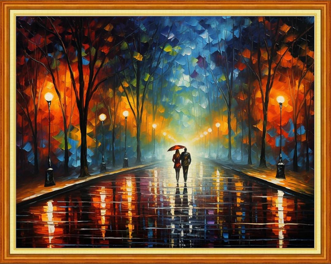 DMCVIVR Stamped Cross Stitch Kits for Adults Beginners Embroidery Kits 11CT Needlepoint Kits Cross Stitch Patterns Embroidery Patterns-Strolling on a Rainy Night 16x20 inch