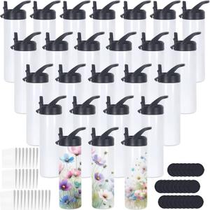 20 Oz Sublimation Tumbler Bulk Skinny Straight, 25 Pack Sublimation Water Bottles Blanks with Handle Straw Lid, Insulated Stainless Steel Tumbler Cup for Heat Transfer