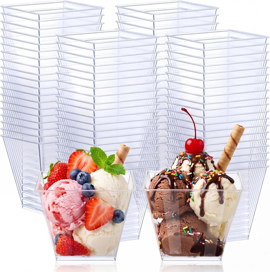 Zubebe 100 Pack 3.5 oz Square Plastic Cups, Appetizer Dessert Cups Clear Plastic Disposable Small Tumbler for Ice Cream, Fruit Puddings, Desserts, Appetizers Summer Wedding Party Catering Supplies