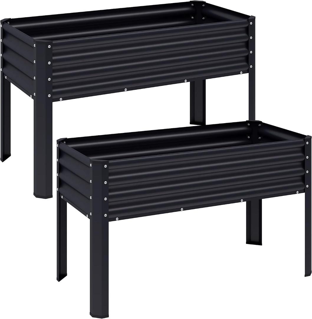 Chuangshuo Guard 2Pcs Galvanized Raised Garden Bed with Legs, 43×24×32in Large Metal Elevated Raised Planter Box with Drainage Holes for Backyard, Patio, Balcony, 400lb Capacity,Black