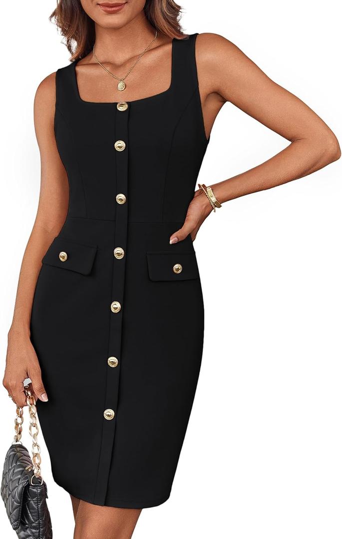 GRACE KARIN 2025 Women's Buttons Belted Square Neck Business Work Dress Sleeveless Bodycon Midi Dress (Black), S GRACE KARIN 2025 Women's Buttons Belted Square Neck Business Work Dress Sleeveless Bodycon Midi Dress (Black), S
