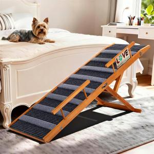 Pawaboo Dog Ramp for Small Dog, 57'' Foldable Dog Ramp for Bed, 5 Adjustable Height from 19.7'' to 30'', Portable Stable Pet Steps with Dogs Tag & Safety Side Rails, Pet Ramps for Bed Couch, Walnut