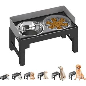 PAKEWAY Elevated Dog Bowls, Spill Proof, Tiltable Dog Feeder with 1 Stainless Steel Bowl &1 Slow Feeder Bowl, 6 Height Adjustable Raised Dog Bowls Stand for Medium Large Dogs