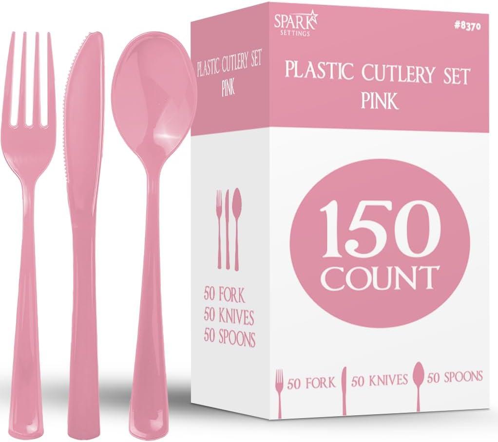 150 Pack Plastic Silverware Heavy Duty, Pink Disposable Cutlery, 50 Spoons, 50 Forks, 50 Knives, Plastic Utensils Set for Home Office School Party Picnics Weddings & More - SparkSettings