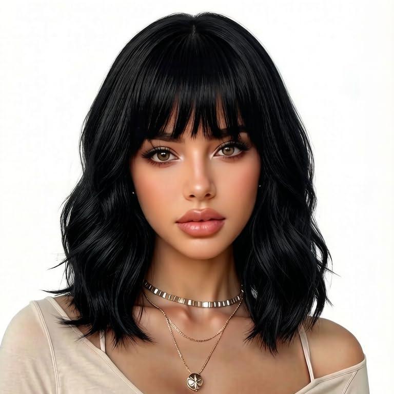 eNilecor Black Wig for Women,Short Wavy Curly Bob Hair Wig with Bangs,14" Natural Synthetic Party Costume Cosplay Halloween Colred colorful Color Fun Neon Funny Wigs For Women
