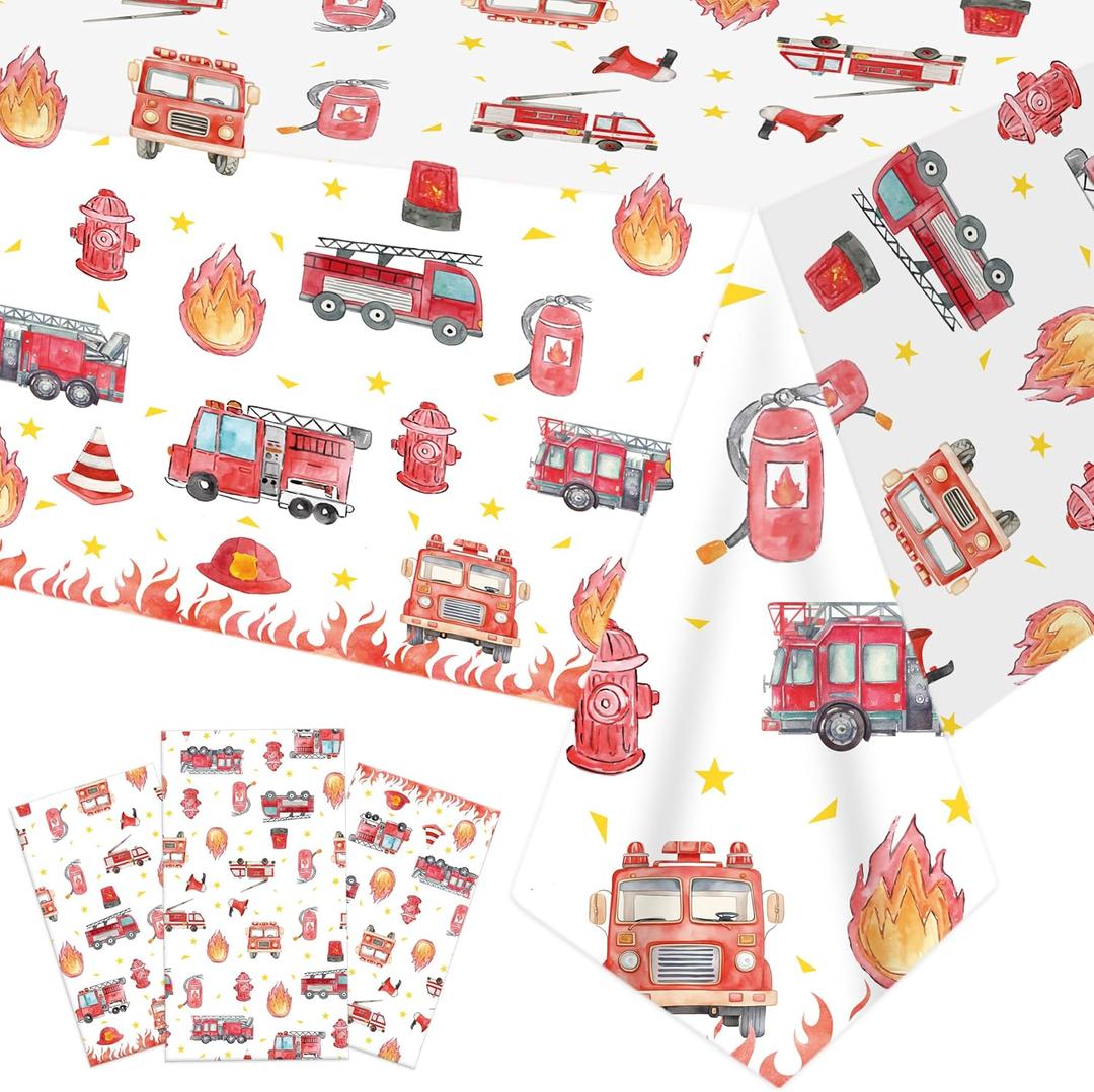 3pcs Firefighter Birthday Party Tablecloths Fire Truck Theme Table Cover Decorations for Firetruck Fireman Birthday Party Baby Shower Supplies, 51.1 x 86.6 inches