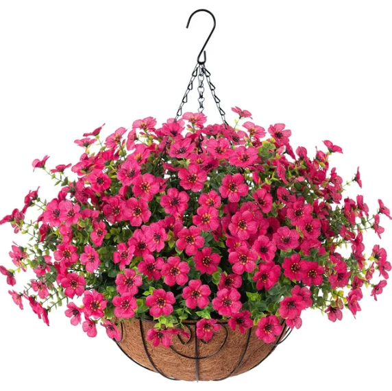 HyeFlora Artificial Fake Hanging Plants Flowers Basket for Outdoor Outside Porch Summer Decoration, Faux Silk Hotpink Dasiy UV Resistant Realistic in Planter for Home Patio Garden Yard