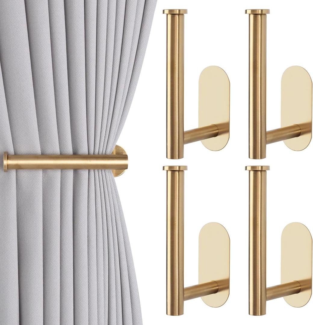 Adhesive Curtain Holdbacks - 4 Pack No Drill Tie Backs Hooks for Drapes, Damage-Free Wall Mounted Curtain Holders with Strong Adhesive (4, Gold)