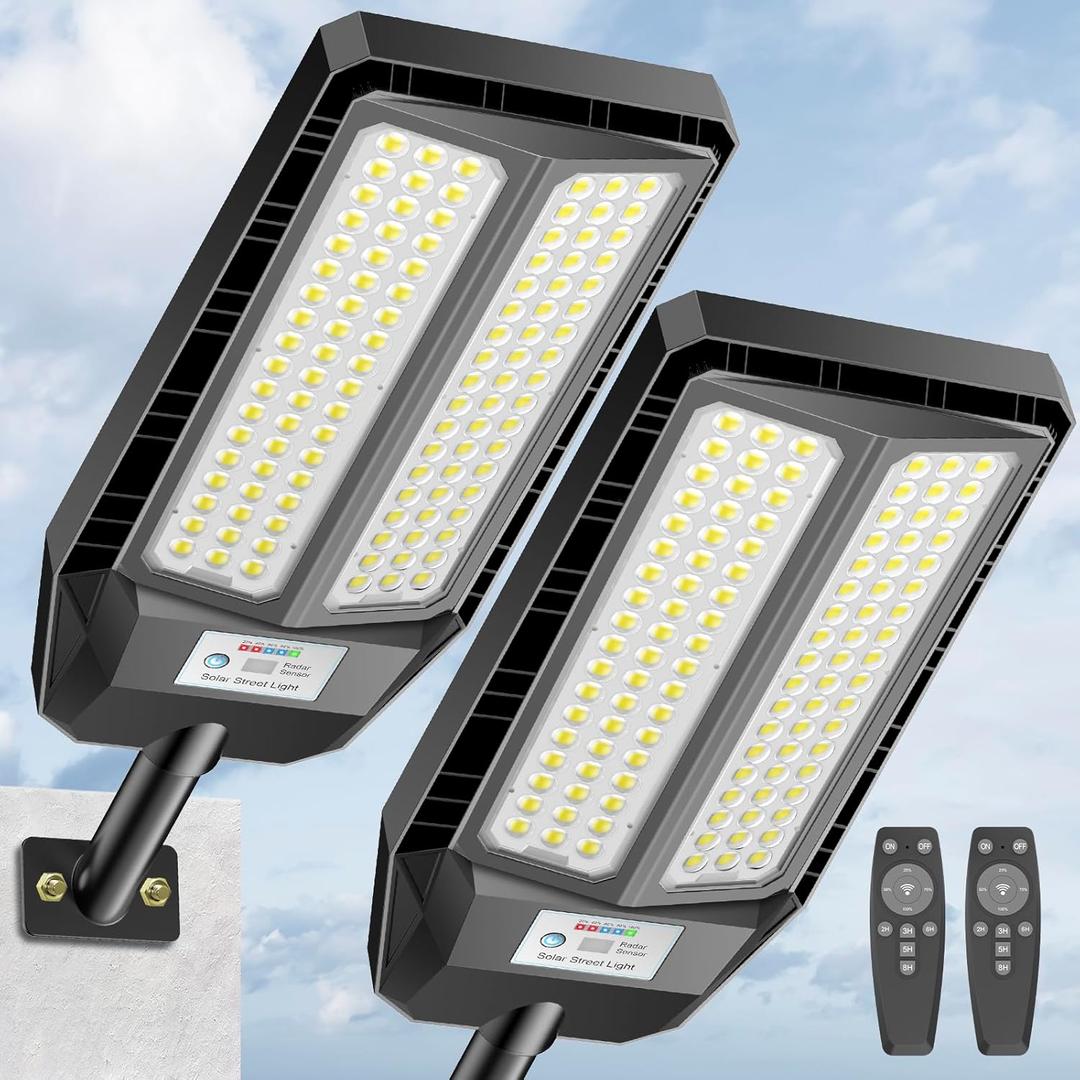 5000W Solar Lights Outdoor - 7000K LED Solar Street Lights Outdoor with Motion Sensor and Remote Control, IP66 Waterproof, Dusk to Dawn for Yard, Patio, 2 Pack