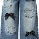 Girl's Heart Patched Baggy Jeans Y2k Bow High Waisted Straight Leg Denim Pants Streetwear 11Y
