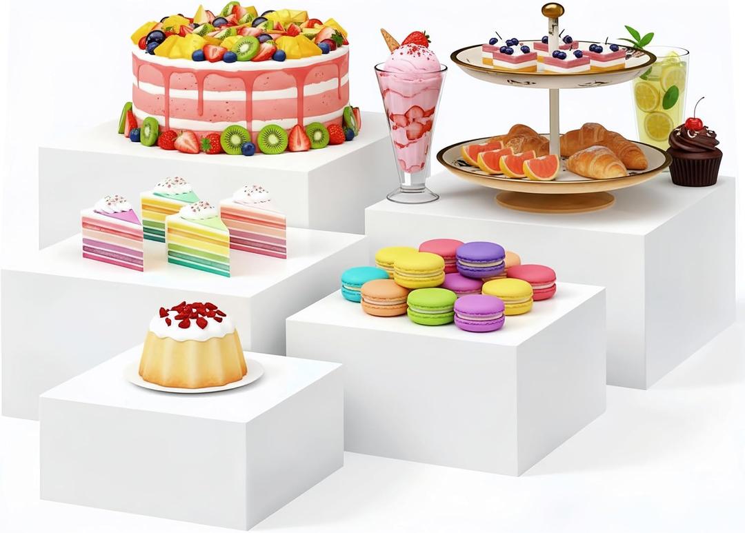 Sintuff 5 Pcs Buffet Risers and Display Stand 6" 7" 8" 9" 10" Large Acrylic Dessert Cupcake Table Stand Set White Food Display Cube for Jewelry Figures Show Decor, Box Nesting Riser with Hollow Bottom