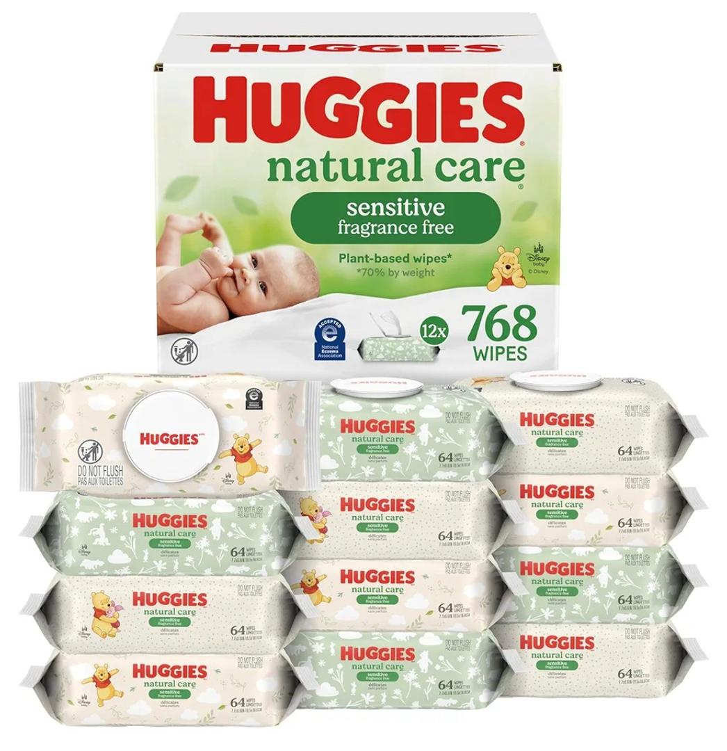 Huggies Natural Care Sensitive Baby Wipes, Unscented, Hypoallergenic, 99% Purified Water, 12 Flip-Top Packs (768 Wipes Total)