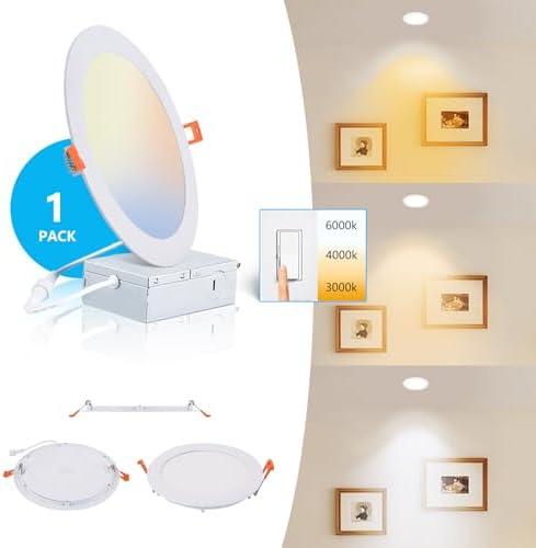 JARLSTAR 8 Inch LED Recessed Light with Junction Box.1Pack Ultra Thin LED Recessed Lights 3CCT 3000K/4000K/6000K Selectable Dimmable,18W 8" Ceiling Canless Light Downlight, Can Killer Lighting CR80+