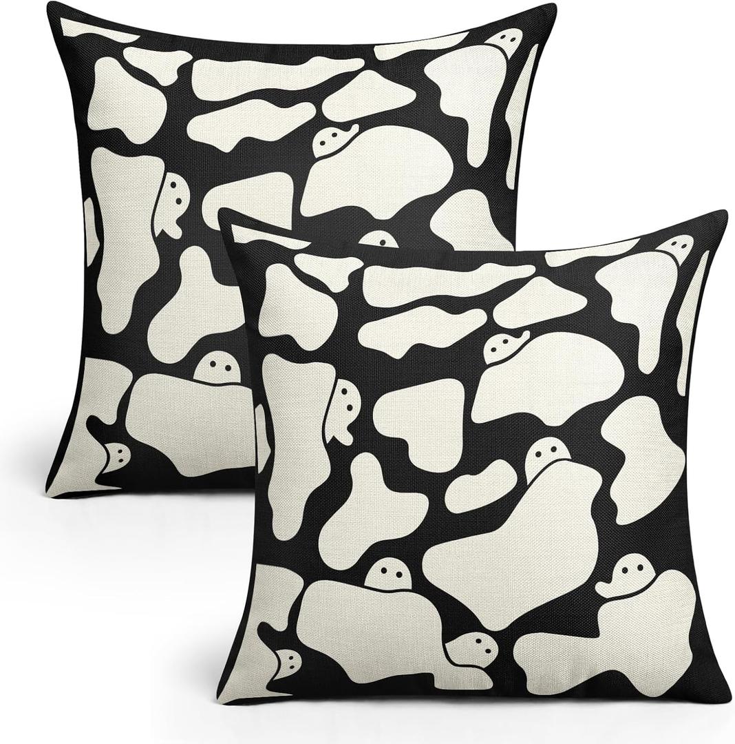 Faylapa Farmhouse Pillow Covers 18x18 Inch Set of 2, Cute White Cow Ghost Holiday Linen Throw Pillow Cases for Home Bedroom Living Room Sofa Couch Decor (Cover ONLY)