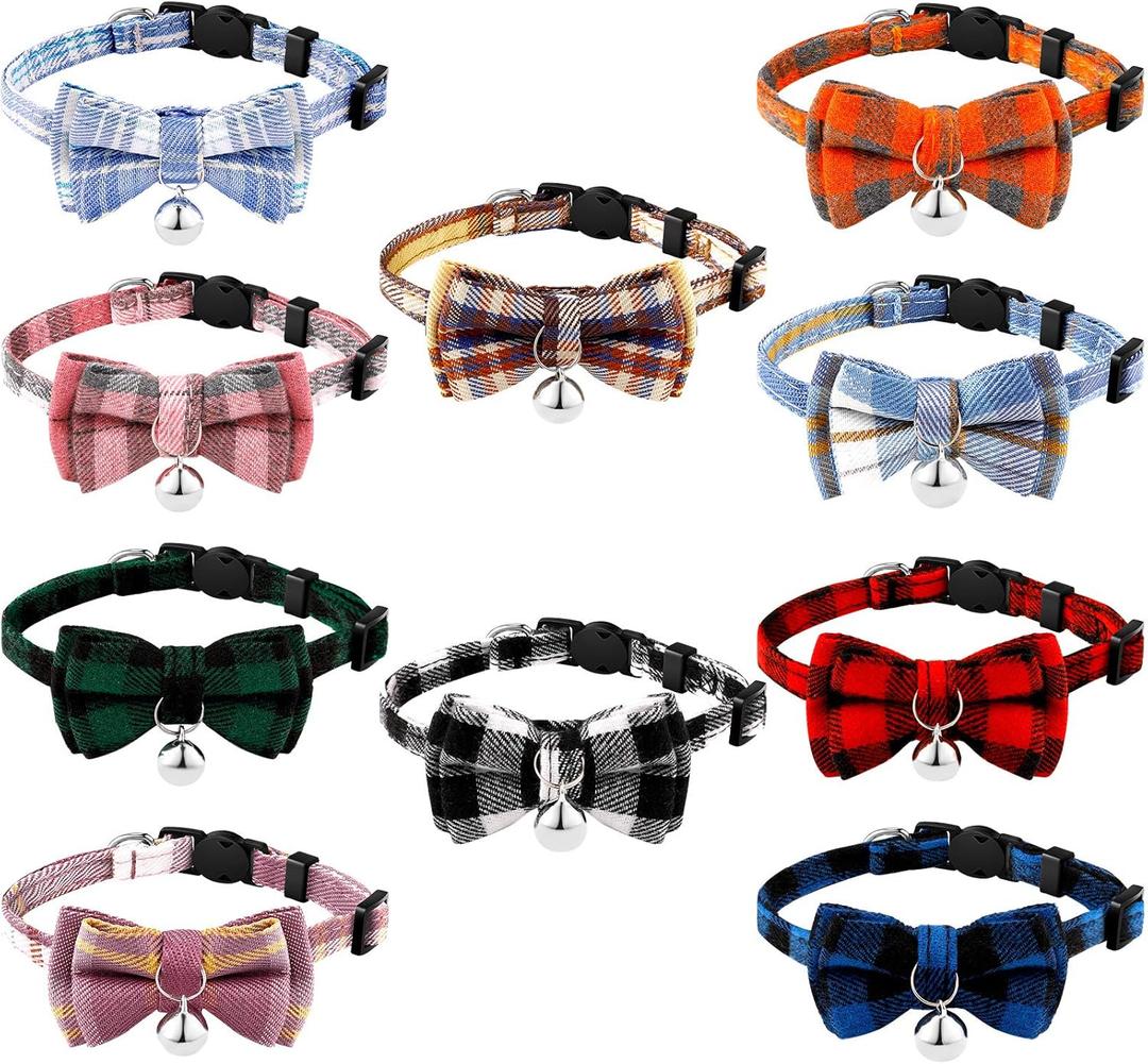 Weewooday 10 Pcs Breakaway Cat Collar with Bow Tie and Bell, Kitten Collar for Cat, Adjustable Cute Plaid Safety Kitty Collars for Birthday Pet Christmas Party Supplies, 10 Styles