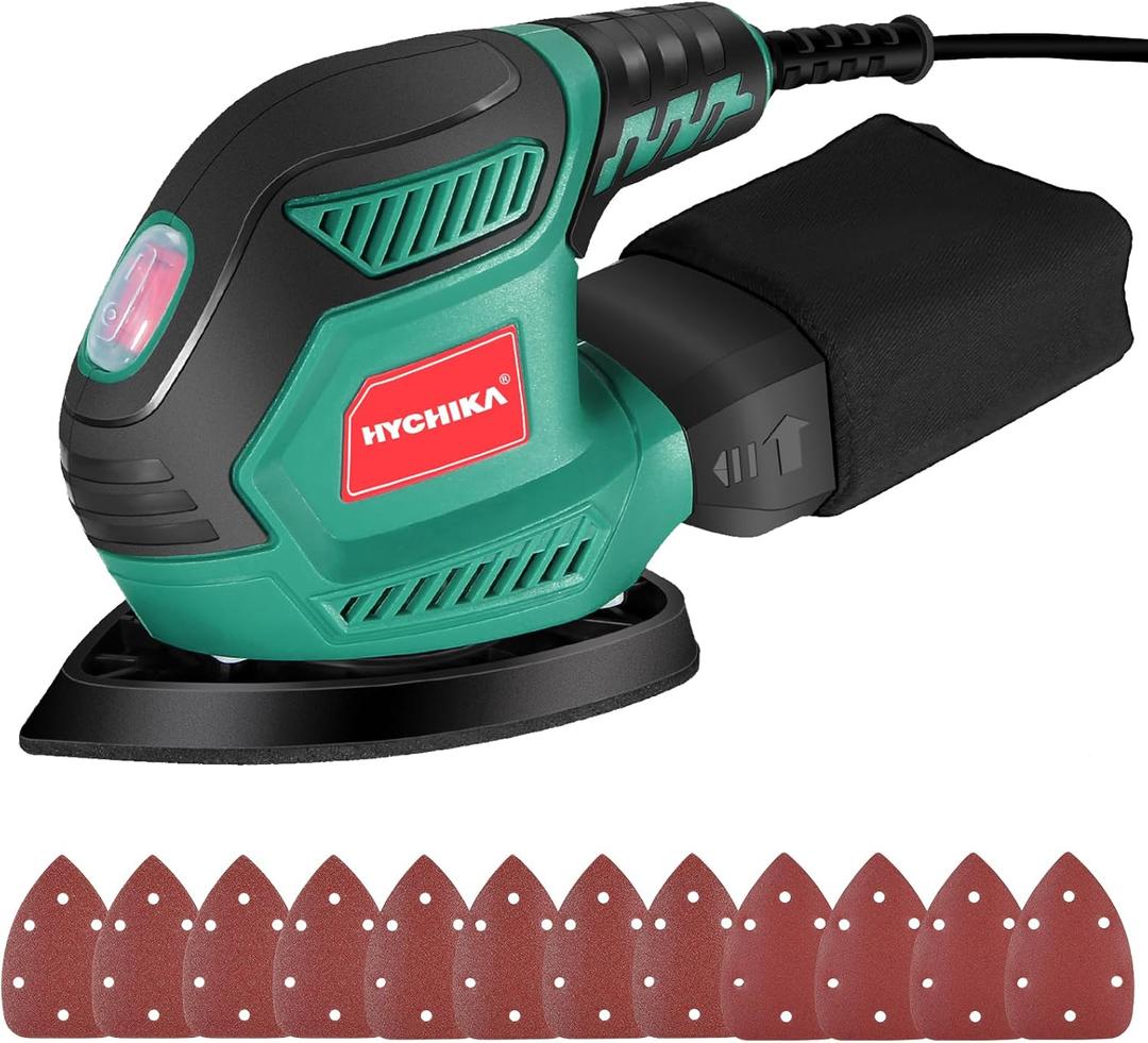 HYCHIKA Detail Sander, 14,000 OPM Compact Electric Sander Tool with 12 Pcs Sandpapers,Efficiency Dust Collection System,Suitable for Tight Spaces Sanding,Polishing,Removing Paint in Home Decoration