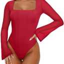 REORIA Women's Sexy Long Sleeve Square Neck Bodysuit Mesh Double Lined Going Out Tops 2025 L