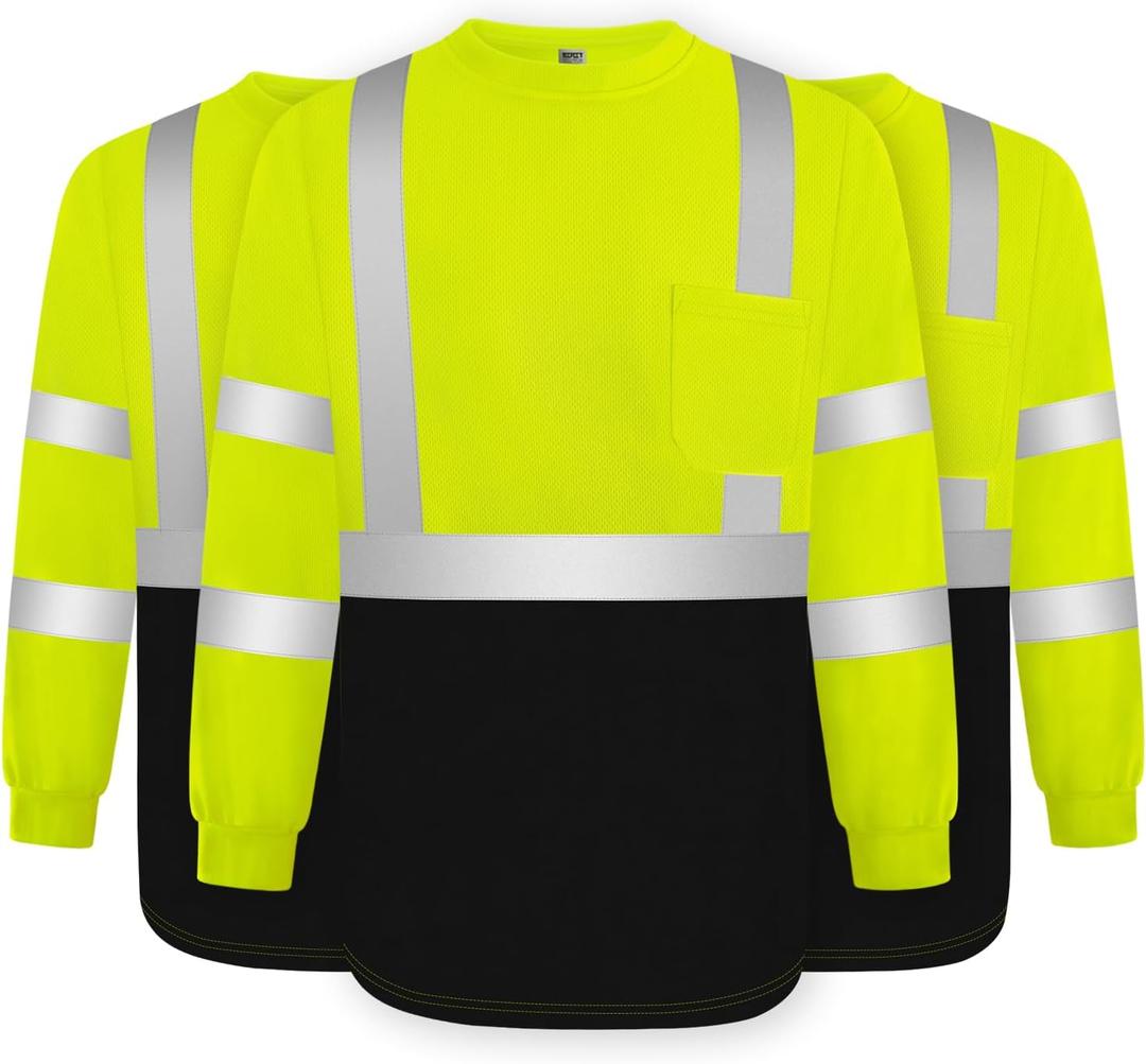 TCCFCCT High Visibility Long Sleeve Shirts for Men & Women - Class 3 Hi Vis, Reflective Safety Work Shirts with Black Bottom, Dirt-Resistant, Durable, Meet ANSI, Yellow L 3pcs
